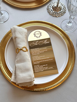 Carte de menu de mariage en acrylique miroir argenté: décor de table rustique de luxe