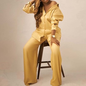 African Women's New Lapel Cardigan Row of Buttons Solid Color Shirt High-waisted Wide-leg <b>Pants</b> Casual 2-piece Set Fashion - Product Image 4