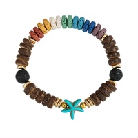 Bracelet élastique bohème avec breloques tortue, étoile de mer et dauphin en turquoise, perles de coquillage de plage et pierres volcaniques