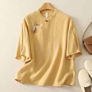 Nuova camicia in cotone stile cinese camicia estiva retrò ampia camicetta <span class=keywords><strong>con</strong></span> abbottonatura obliqua <span class=keywords><strong>con</strong></span> bottoni annodati <span class=keywords><strong>con</strong></span> collo mandarino - Product Image 3