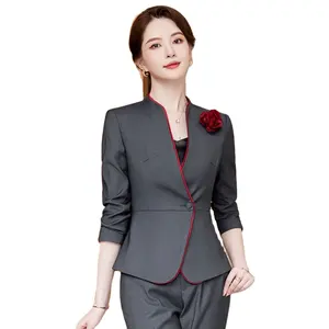 高品质办公女式运动夹克 & 套装纯色双排扣商务女式两件套运动夹克 + 裤子