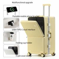 Valise cabine à ouverture frontale en ABS et PC avec cadre en aluminium, roues multidirectionnelles, support téléphone USB Type-C et porte-gobelet pour le voyage