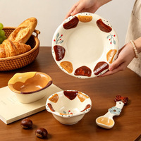 Schattig 3D-geëmbossed brood- en kastanje keramiek servies, vintage Ins-stijl ontbijt- en dessert schaal & bord
