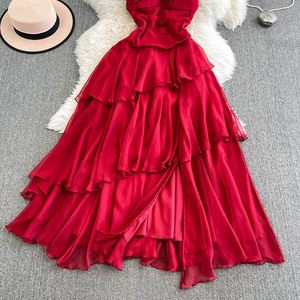 Nuovo vestito estivo con cinturino a vita alta donna vestito da sera elegante <span class=keywords><strong>Sexy</strong></span> femminile irregolare in Chiffon rosso - Product Image 5
