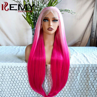 Rambut KEMY Pink 6*13 sintetis HD transparan renda Wig grosir longgar gelombang tahan panas serat Wig sintetis untuk WANITA HITAM