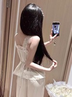Pyjama d'été élégant pour femme, style français, taille élastique, en soie glacée, sexy, col en V, dentelle, ensemble 2 pièces, caraco en satin lisse