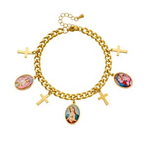 Fashionable Retro Gold Plated Oval Portrait Charm Bracelet Stainless Steel Chain Cross Pendant Unisex Jewelry Gift - Product Image 5