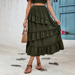 Vente en gros de vêtements pour femmes de haute qualité personnalisables : Nouvelle jupe longue plissée mi-longue à taille haute, style bustier, à volants, élégante - Product Image 3