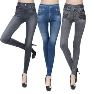 Mode wie im Fernsehen gesehen Frauen schlanke Jean Leggings schwarz blau grau hohe Taille Jeggings