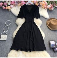2022 été corée femmes Blouse chemise robe a-ligne à manches courtes col en v genou longueur plage couleur unie mode dame tenue décontractée