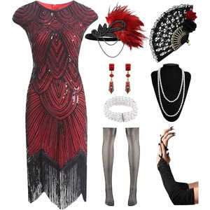 Robes Flapper pour femmes, style années <span class=keywords><strong>20</strong></span>, à sequins, franges et perles, <span class=keywords><strong>robe</strong></span> de cocktail à col rond, accessoires des années folles, éventail en dentelle vintage, bandeau - Product Image 1