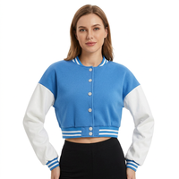 Jaket Varsity Warna Biru Putih dengan Blok Warna, Lengan Panjang, Kancing Depan, Kerah Bulat, Panjang Pendek, Pakaian Wanita untuk Musim Gugur.