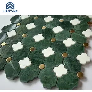 Wholesale New Bathroom Kitchen Wall Flower Pattern Mosaic Volakas White Mixed Green Marble Waterjet Mosaic Tile