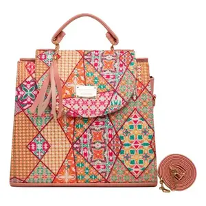 Sac de shopping en jute moyen pour femme Fana Emilia Pion, motif patchwork, usage quotidien, sac à vin, poignées rose clair, fermeture à fermoir - Product Image 3