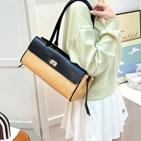 Sac à bandoulière chic et décontracté pour femme, style minimaliste français, en toile de paille matelassée et cuir PU, avec rabat à fermoir rotatif, modèle East West