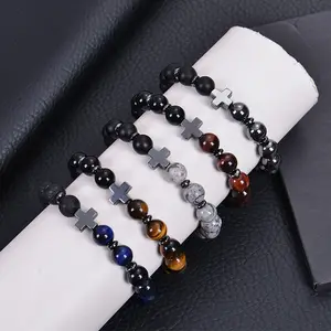High quality hot selling two tone retro frosted stone bracelet map stone beaded cross bracelet for men