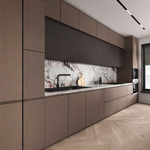 Mobili da Cucina Moderni Premium Sofeyia, Marrone Opaco Senza Maniglie, Pannello Verticale Scanalato, <span class=keywords><strong>Forno</strong></span> Integrato, Lavello e Rubinetto - Product Image 1