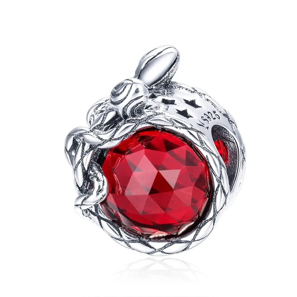 Qings 925 Sterling Silver Rose Flower Pendant Charm With Red Cubic Zircons for Bracelet Necklace for Women Girls