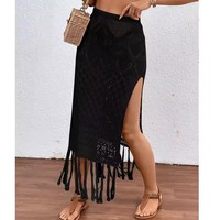 S M L Mujeres Textura de punto Sarong Faldas Sexy High Slit Tassel Cover-Up Beach Summer Vacation Falda envuelta Bikini Cover up