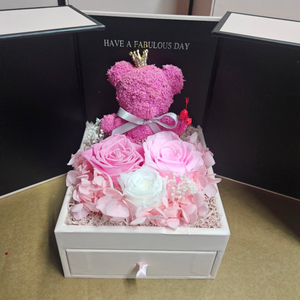 고급 목걸이 반지 상자에 담긴 모스 베어와 함께 보존된 열꽃 장미, 크리스마스 발렌타인 선물, 이중 도어 영원한 꽃 보석 선물 상자 - Product Image 3
