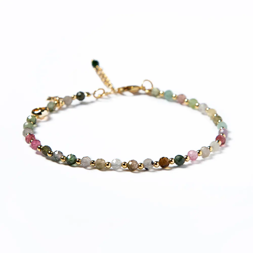 Gelang Batu Alam 3Mm, Perhiasan Mode Gelang Turmalin Warna-warni dengan Pengatur Jarak Emas Asli untuk Wanita