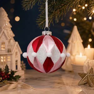 Boule de Noël rouge rose à motif losanges scintillants, ornement suspendu à motif losanges diamantés pour la décoration de l'arbre de Noël et de la maison - Product Image 4