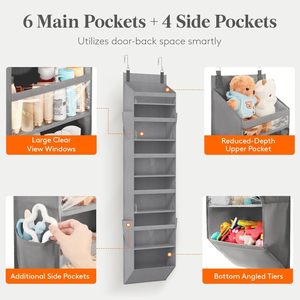 Over The Door Organizer 10 Pocket Gray Non Woven Fabric <b>Storage</b> <b>Rack</b> With Clear Window For Baby Diapers Toys Behind Door Wall - Product Image 3