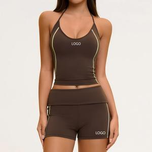 OEM/ODM Custom Manufacturers Contrast Patchwork Low <b>Neck</b> Color Block <b>Padded</b> Gym Workout Running Yoga Crop Tank Top Set for Women - Product Image 2