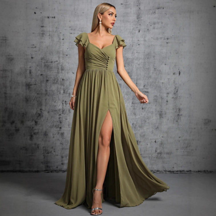 slim fit dress slacks Womens Boho Chic Pleated Midi Dress Olive Green Mocha Mousse / Medium