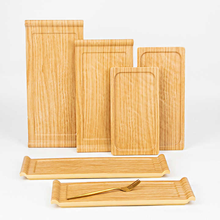 Hot Sale Yellow Wood Grain Flat Beef Rectangular Melamine Plate Hotel
