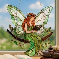 Attrape-soleil 2D en acrylique style vitrail, fée de lecture, elfe sur branche, ornement suspendu pour fenêtre, mur, décoration intérieure, cadeau artistique