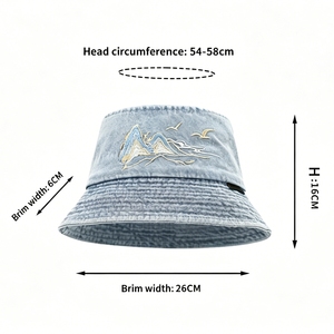 Washed Denim <b>Bucket</b> <b>Hat</b> with Mountain Embroidery, Sun Protection Wide Brim Sun <b>Hat</b> <b>for</b> Men <b>Women</b> - Product Image 6