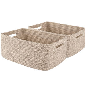 <b>Jute</b> Woven Rectangular Storage <b>Basket</b> Foldable Cotton Rope Organizer Bin with Leather Handles for Nursery Bedroom - Product Image 1