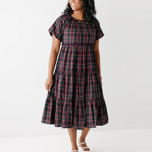 Vestido <span class=keywords><strong>Midi</strong></span> <span class=keywords><strong>de</strong></span> Otoño para Mujer, Diseño Personalizado, Estampado a Cuadros Rojos, Casual, Manga Corta, Cuello Elástico con Volantes, Estilo Línea A, Fluido, 3 Capas, Algodón y Poliéster - Product Image 6