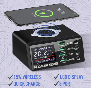 100W 8 Ports USB Charger Station With Wireless Charging Display QC3.0 PD3.0 Quick Charge for iPhone for MacBook Other Devices