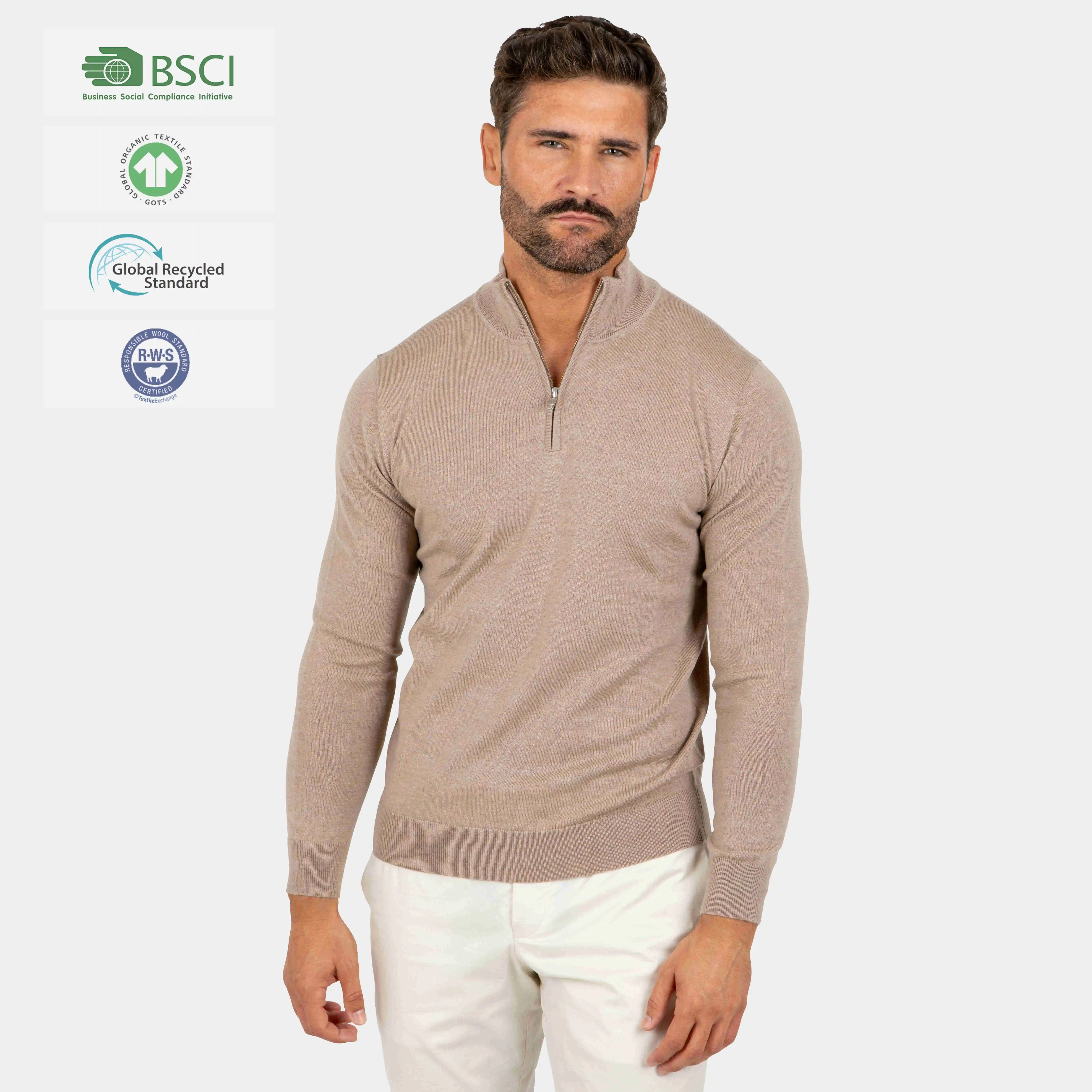 Wholesale Custom Design Long Sleeve Khaki Half Zipper Knitwear Men's 100%Merino Wool Cardigan Sweaters