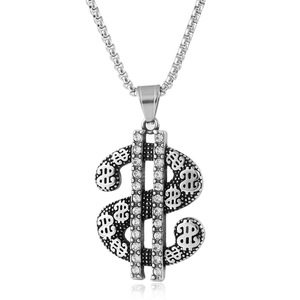 yunnique Pendentif en acier inoxydable en forme de signe dollar avec incrustation de cristaux, collier tendance pour homme - Product Image 1