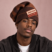Bonnet tricoté personnalisé DYMF, bicolore, rayé, style Tetris, en acrylique, avec patch logo, streetwear, unisexe, bonnet court