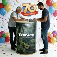Nouveauté, comptoir pop-up portable ultra léger de 6,5 kg, plateau rond en bois, cadre en bois, pour le marketing d'événements
