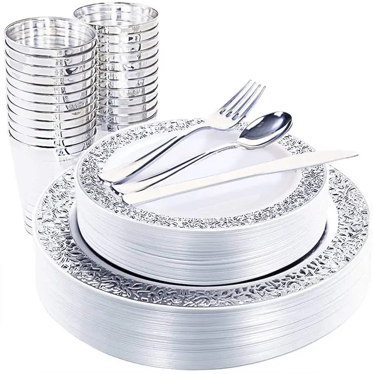 150pcs set Valentine Day Plastic Dinnerware Set Plates Cups Knife Spoon Fork Disposable Plastic Wedding Cutlery Set