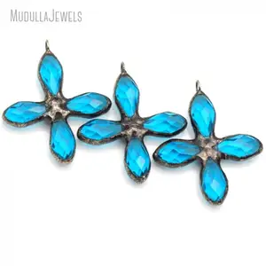 PM49454 Solderd perhiasan kaca biru kristal salib liontin untuk DIY kalung membuat perak antik berlapis Boho Chic hadiah