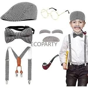 Kostum pria tua untuk anak, aksesori kostum kakek sekolah hari ini termasuk topi baret Suspender dasi kupu-kupu jenggot Gangster