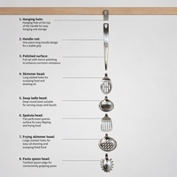 Ensemble d'ustensiles de cuisine en acier inoxydable de qualité supérieure avec trou de suspension, comprenant cuillère, spatule et écumoire, pour les tâches culinaires quotidiennes en intérieur
