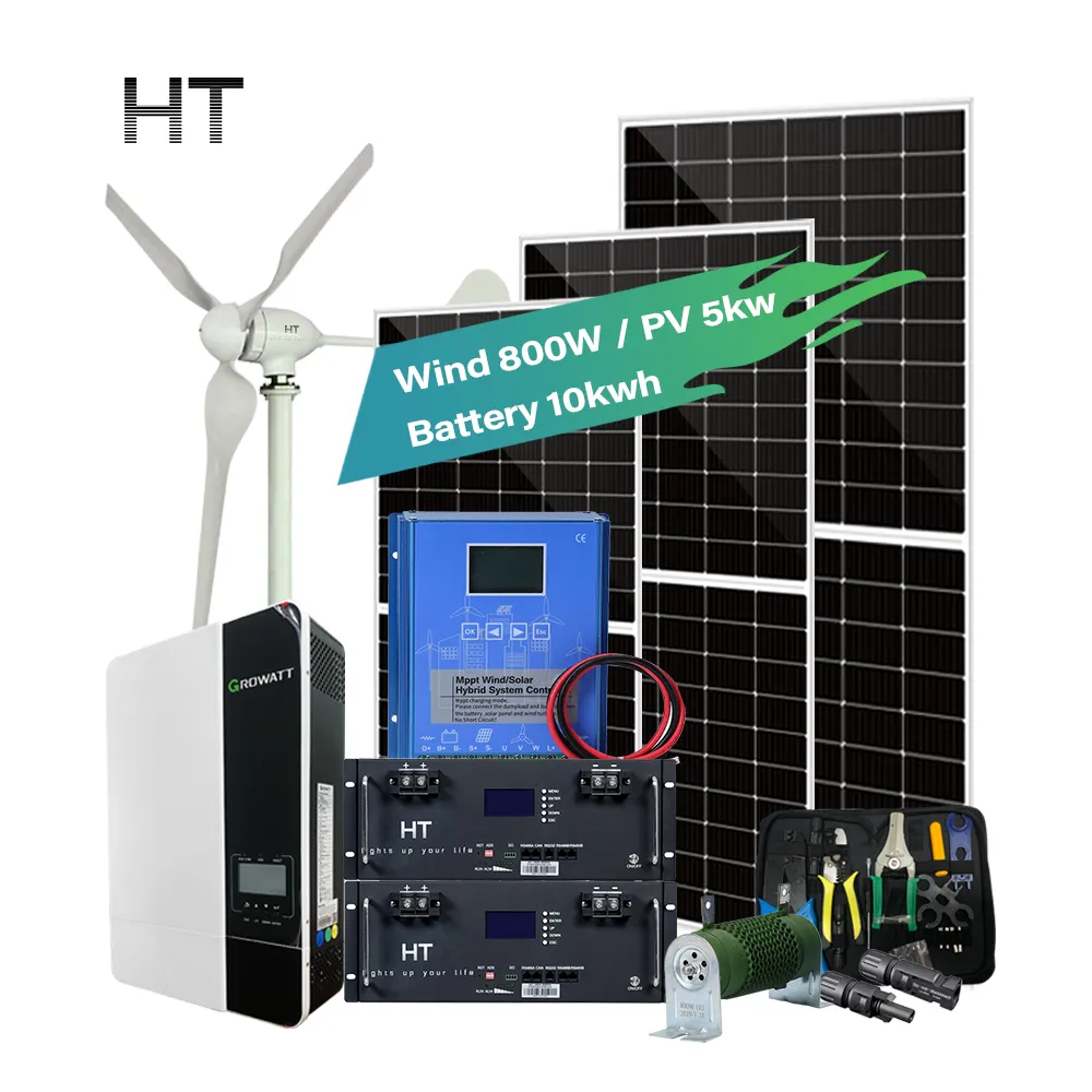Sistema de paneles solares HT 3KW, paneles fotovoltaicos de 550W, sistema de energía de uso doméstico de 5KW y 10KW, sistema híbrido de turbina eólica y solar personalizado OEM