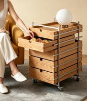 Lemari Penyimpanan Kayu Solid Modern Modular Mobile 5-Laci dengan Rangka Baja Brushed, Akses Laci Dua Sisi, dan Roda Pengunci