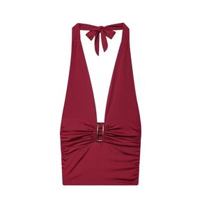 Top de Tirantes con Cuello Halter y Escote en V, Plisado, Ajustado, sin Mangas, Transpirable, Sexy y Casual para Mujer, Otoño Europeo y Americano - Product Image 3