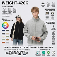 Veste de sport ample pour homme OEM ODM, couleur unie, poids lourd 420G, double fermeture éclair, cardigan à col montant, sweat-shirt, manteau personnalisé