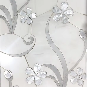 Azulejo de mosaico Floral Waterjet Dolomite & Mother of Pearl para decoración de <span class=keywords><strong>pared</strong></span> y piso, panel contra salpicaduras con incrustaciones de mármol blanco de lujo - Product Image 1