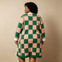 Ensemble 2 pièces pour femmes, tenues d'automne et d'hiver, pulls en tricot jacquard à carreaux rose et vert, cardigan long à ouverture sur le devant avec perles