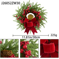 Couronne de Noël en aiguilles de pin réalistes, verdure dense superposée, baies rouges, pommes de pin, nœud en velours, centre de table de 12 pouces